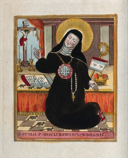 Saint Odilia as protector against eye-pain & rat infestation.