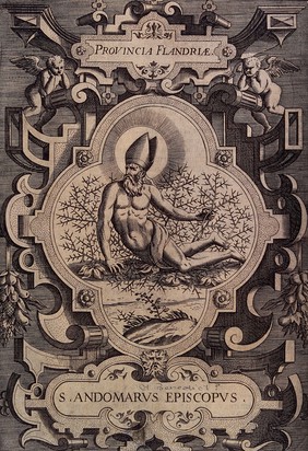 Saint Audomar (Omer): he mortifies his flesh by lying down naked on thorns. Engraving, 1587.