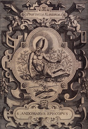 view Saint Audomar (Omer): he mortifies his flesh by lying down naked on thorns. Engraving, 1587.