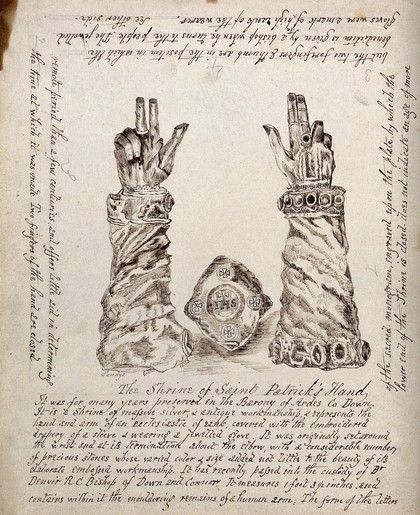 Reliquaries of Saint Patrick. Pen and ink drawing by Sandys, 1856.