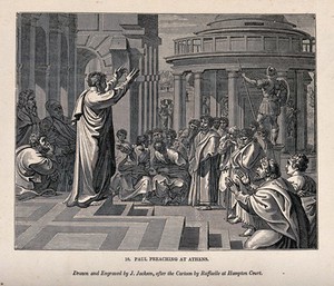 view Saint Paul preaches before a crowd in Athens. Wood engraving by J. Jackson after Raphael.