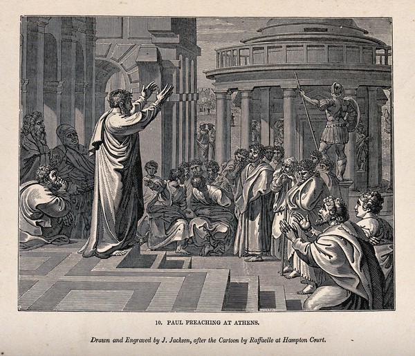 Saint Paul preaches before a crowd in Athens. Wood engraving by J. Jackson after Raphael.