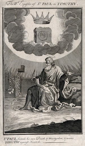 view Saint Paul in prison, writing an epistle to Timothy: his shackles are broken. Engraving.