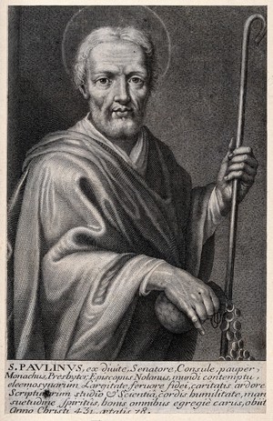 view Saint Paulinus of Nola. Line engraving attributed by N. de Larmessin.