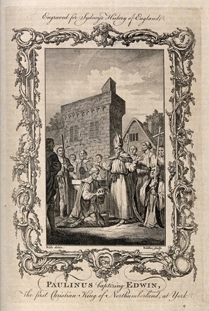 view Saint Paulinus of York baptizes Edwin king of Northumbria. Engraving by W. Walker after S. Wale.