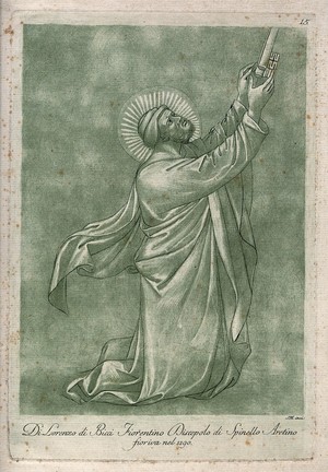 view Saint Peter. Colour etching by S. Mulinari after Lorenzo di Bicci.