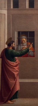 Saint Peter in prison visited by Saint Paul. Colour lithograph by C. Mariannecci, 1862, after Filippino Lippi.