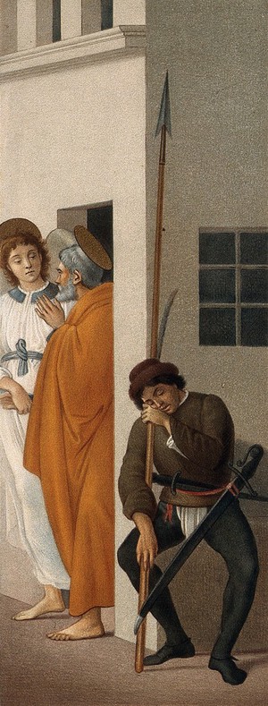 view Saint Peter: an angel releases him from prison. Colour lithograph by C. Mariannecci, 1862, after Filippino Lippi.