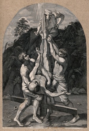 view Martyrdom of Saint Peter. Engraving after G. Reni.