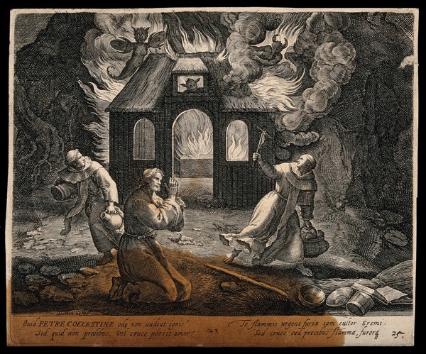 Saint Peter Celestine: a house is set on fire by devils, but he fights against it with the prayer and the sign of the Cross. Engraving by A. [?] van Merlen.