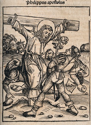 view Saint Philip: his martyrdom. Woodcut.