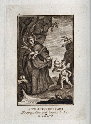 Saint Philip Benizzi: he refuses the papal tiara. Etching.