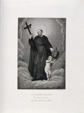 Saint Philip Benizzi: he refuses the papal tiara. Engraving by A. Lega.