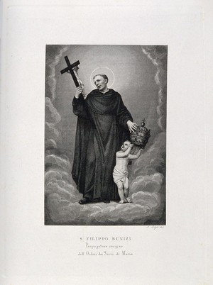 view Saint Philip Benizzi: he refuses the papal tiara. Engraving by A. Lega.