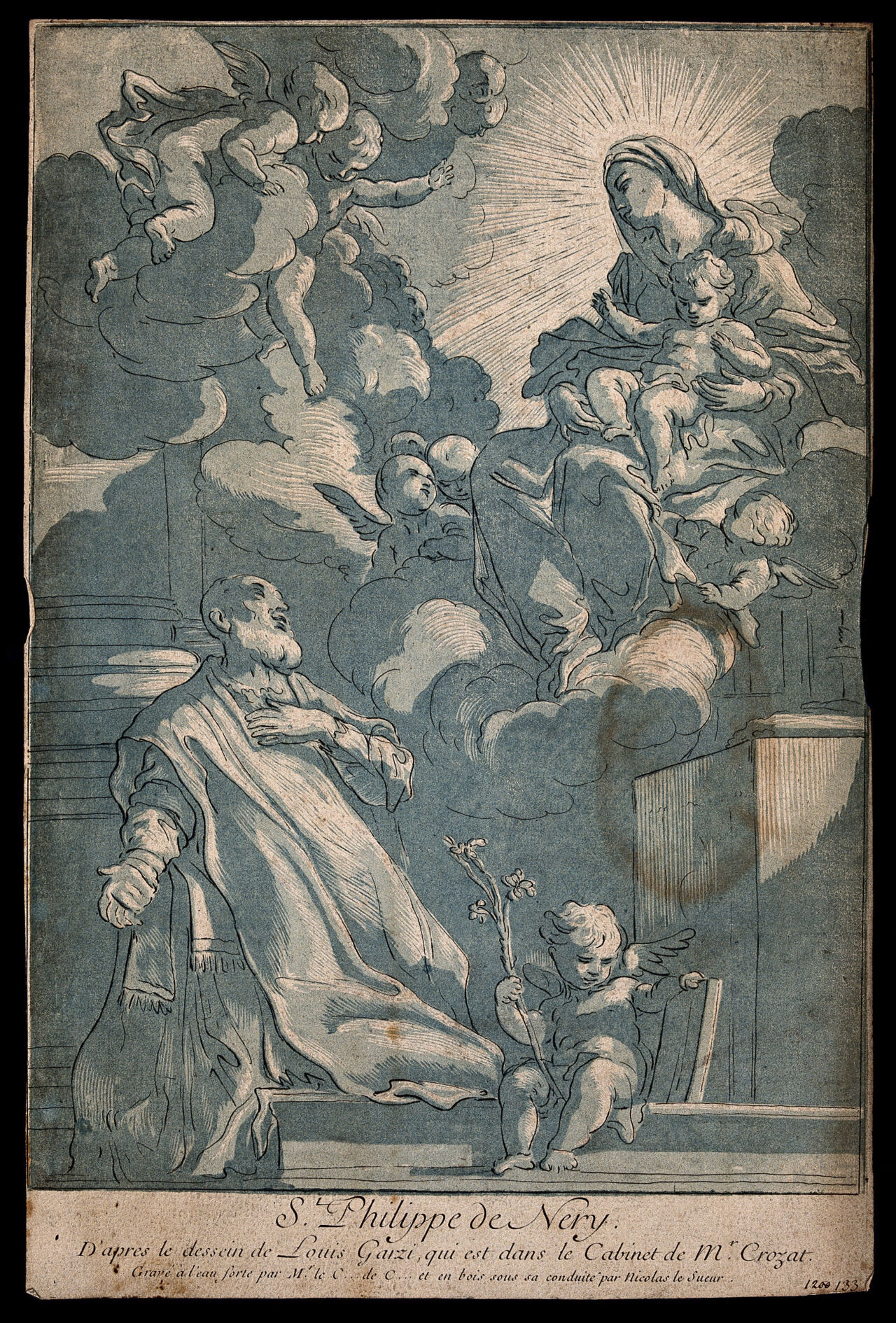 Saint Philip Neri. Colour etching by the Comte de Caylus and N. Le Sueur after L. Garzi., 1700-1799, by Luigi Garzi
