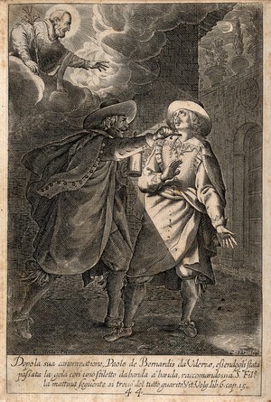 view Paolo de Bernardis da Uderzo is attacked by a man who stabs his throat with a dagger: he recovers through the intercession of Saint Philip Neri. Engraving by C. Sas after J. Stella.