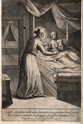 Saint Philip Neri: he comforts a dying man, Gabriele Tana, who has visions of devils. Engraving by L. Ciamberlano.