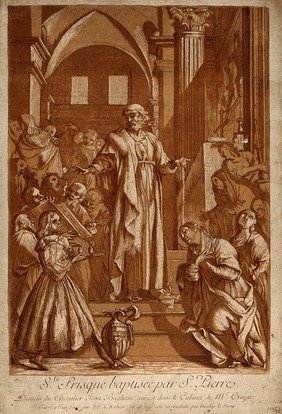 Saint Priscilla: she is baptized by Saint Peter. Etching by P.P.A. Robert and colour woodcut by N. Le Sueur after J. Baglione.