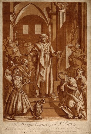 view Saint Priscilla: she is baptized by Saint Peter. Etching by P.P.A. Robert and colour woodcut by N. Le Sueur after J. Baglione.