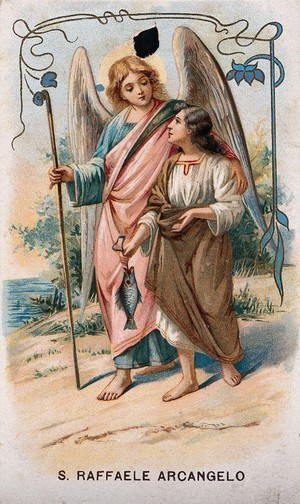 view Saint Raphael the Archangel. Colour lithograph, 1898.