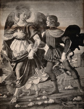 Saint Raphael the Archangel and Tobias. Photolithograph by J. Akerman after a follower of Verrocchio.