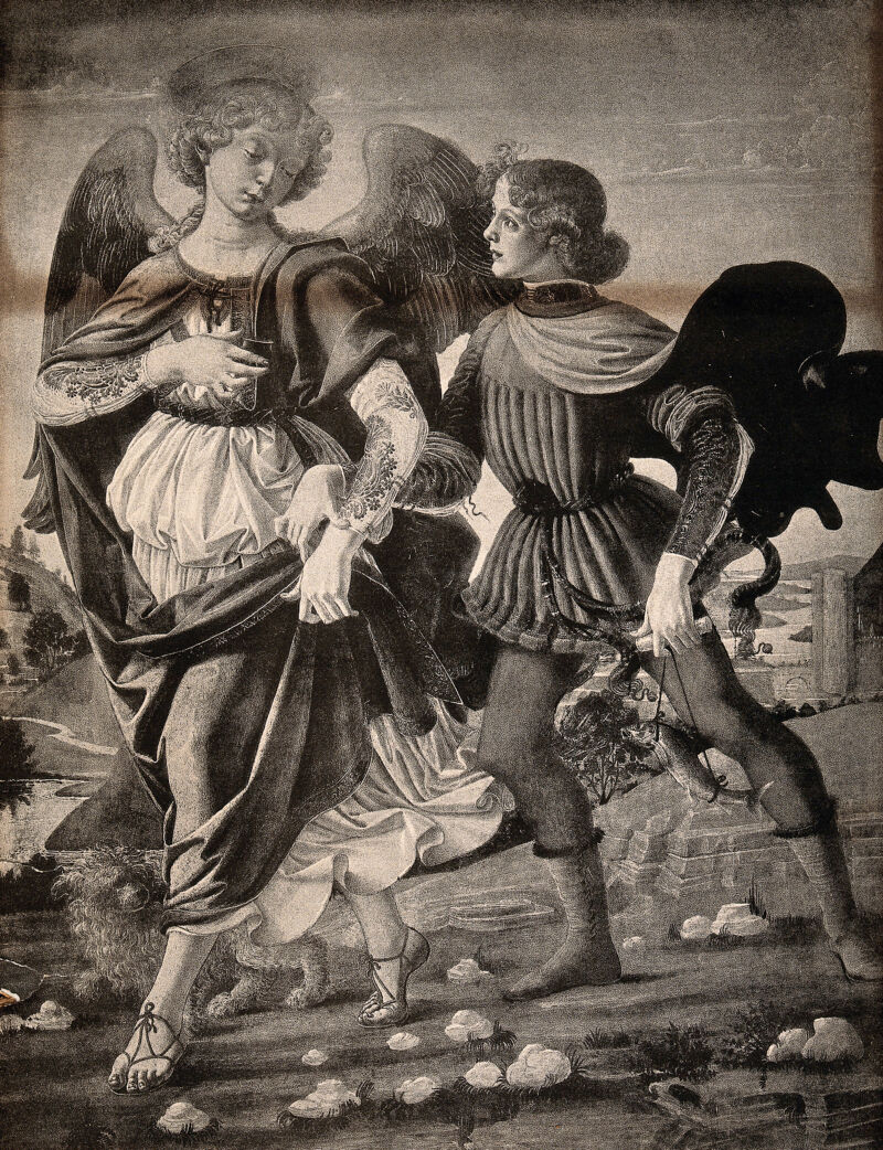 Saint Raphael the Archangel and Tobias. Photolithograph by J. Akerman after a follower of Verrocchio., 1893, by Andrea del Verrocchio