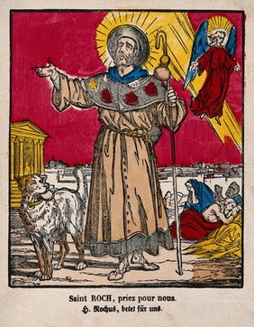 Saint Roch. Coloured woodcut.