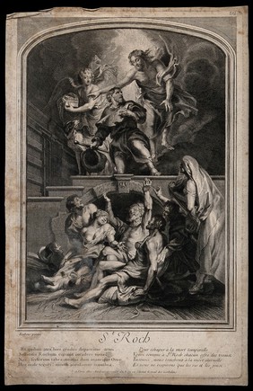 Saint Roch interceding with Christ for the plague victims in a lazaretto. Engraving by G.[?] Audran after Sir P.P. Rubens.