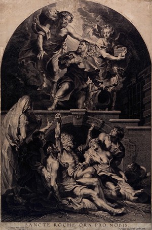 view Saint Roch, named by Christ as patron of plague-victims; below, people suffering from plague. Engraving by P. Pontius, 1626, after Sir P.P. Rubens.