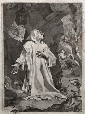 view Saint Bruno praying in the wilderness. Engraving after C. Mellan.