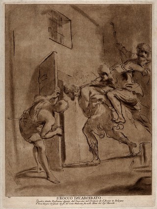 Saint Roch: he is thrown into prison. Colour etching  by V. Vangelisti after G.F. Barbieri, il Guercino.