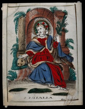 Saint Rosalia. Coloured engraving by Abraham Geloude.