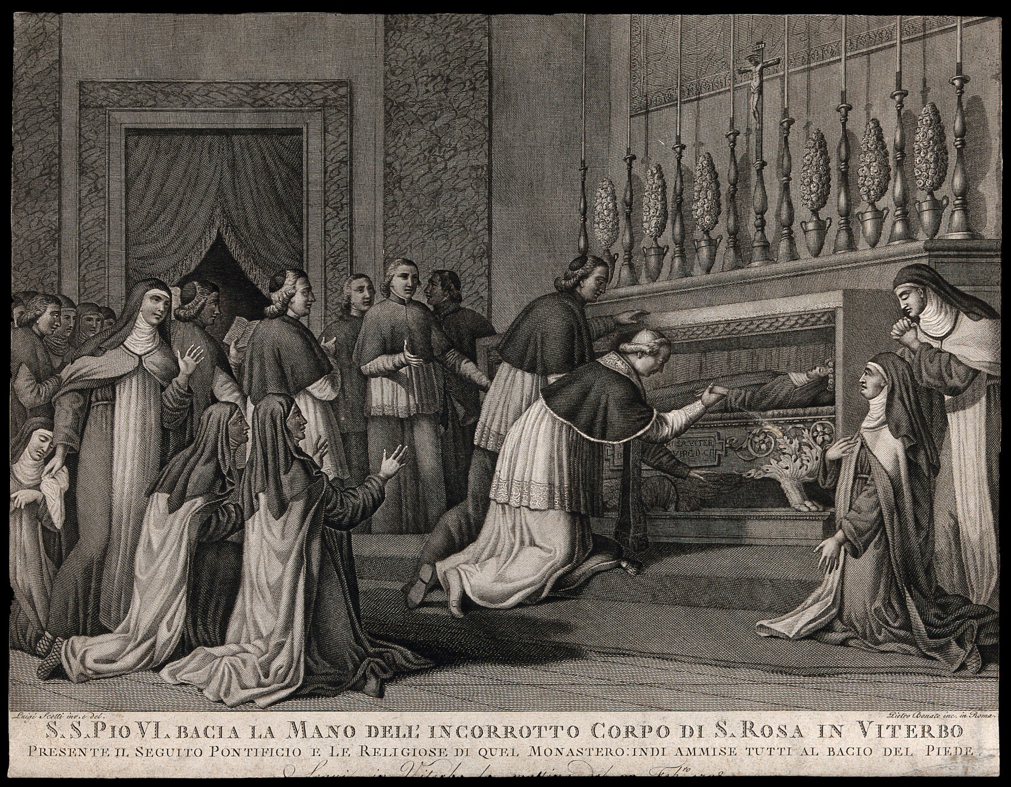 Saint Rose Of Viterbo Pope Pius Vi Kisses The Hand Of Her Uncorrupted Body 1798 Engraving By P Bonato After L Scotti Wellcome Collection