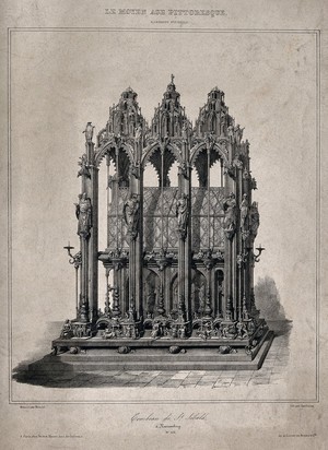 view Saint Sebald: his tomb in the Sebalduskirche, Nuremberg. Lithograph by L.A. Asselineau after A.C. Reindel.