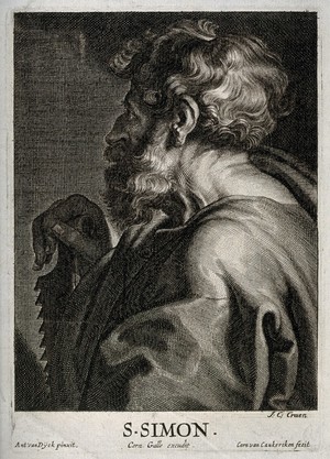 view Saint Simon. Line engraving by C. van Caukercken after Sir A. van Dyck.