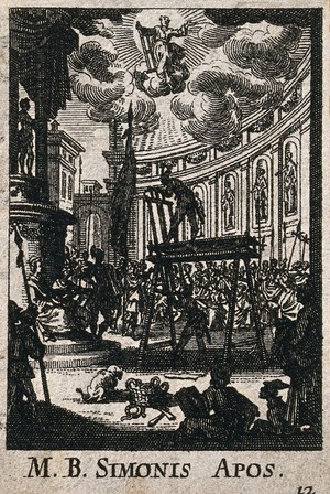 view Saint Simon the Apostle (Zelotes): his martyrdom. Etching after J. Callot.