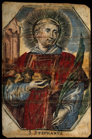 view Saint Stephen. Coloured line engraving.