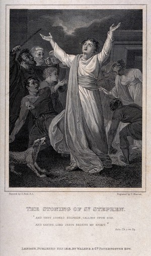 view Martyrdom of Saint Stephen. Engraving by C. Warren, 1816, after E. Bird.