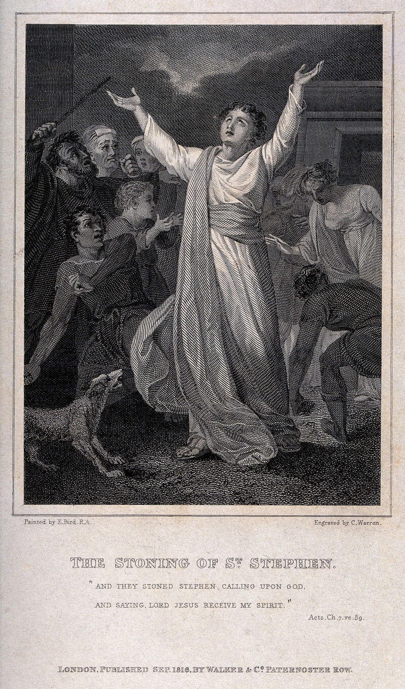 Martyrdom of Saint Stephen. Engraving by C. Warren, 1816, after E. Bird., 1816, by Edward Bird