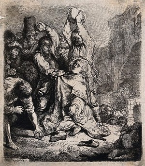 view Martyrdom of Saint Stephen. Etching by Rembrandt van Rijn, 1635.