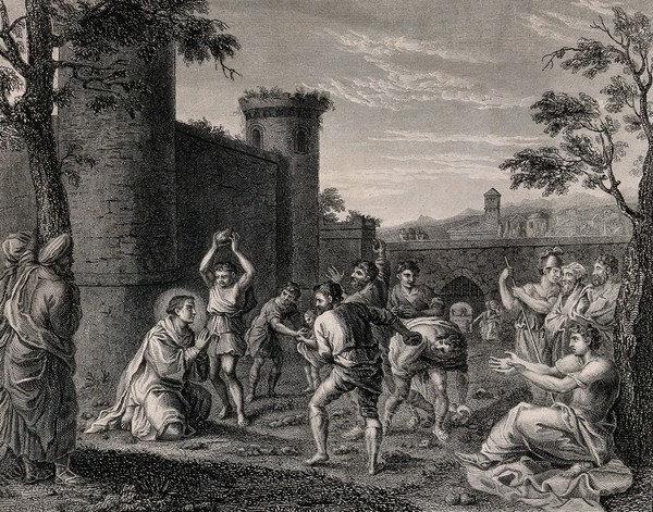Martyrdom of Saint Stephen. Engraving after Annibale Carracci.