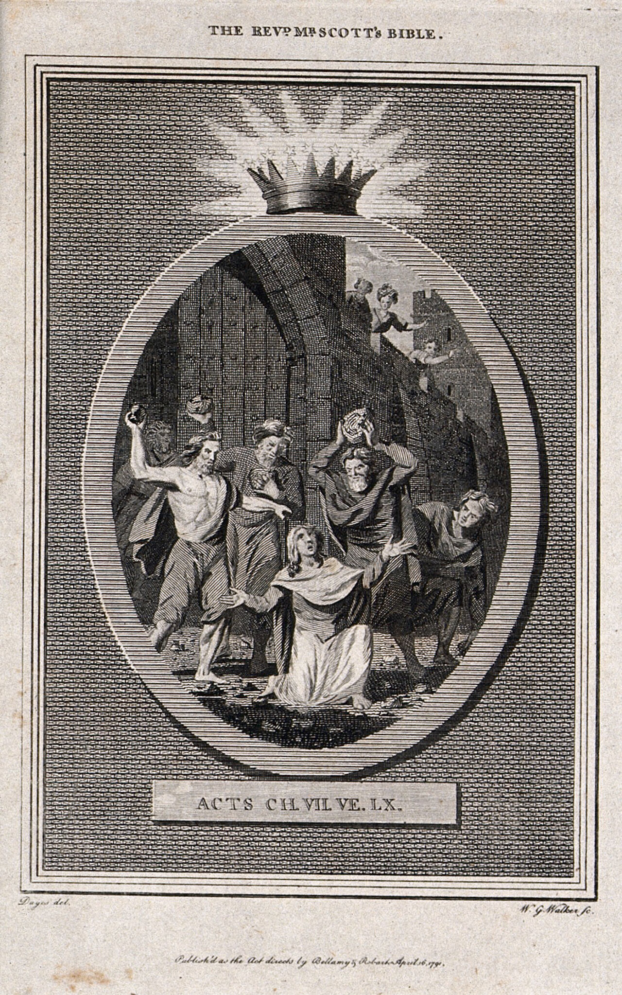 Martyrdom of Saint Stephen. Engraving by W.G. Walker, 1791, after E. Dayes., April 16, 1791, by Edward Dayes