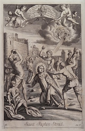 Saint Stephen: his martyrdom by stoning. Engraving by P. Masson after B. Lens.