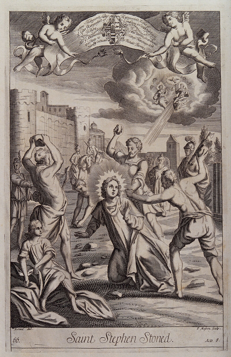 Saint Stephen: his martyrdom by stoning. Engraving by P. Masson after B. Lens., [1705?], by Bernard Lens II