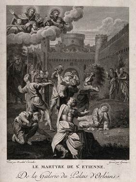 Martyrdom of Saint Stephen. Etching by A.J. Duclos and engraving by L. Garreau after Annibale Carracci.