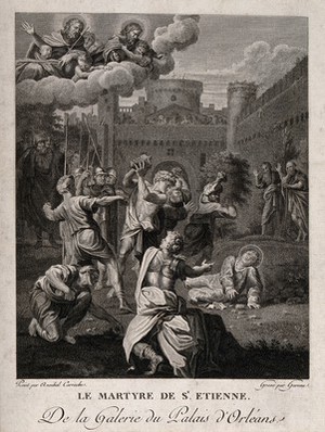 view Martyrdom of Saint Stephen. Etching by A.J. Duclos and engraving by L. Garreau after Annibale Carracci.