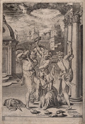 view The martyrdom of Saint Stephen. Engraving by C. Alberti, 1575, after G. Rosso Fiorentino.