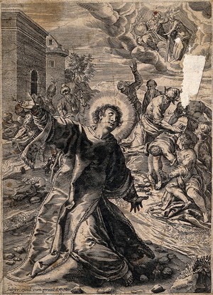 view Martyrdom of Saint Stephen. Engraving by Sadeler.