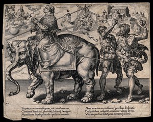 view Saint Stephen riding on an elephant; representing the triumph of patience. Engraving by D.V. Coornhert after M. van Heemskerck.