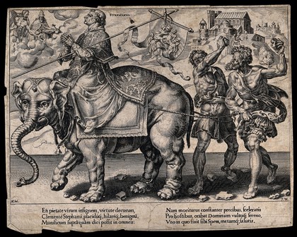 Saint Stephen riding on an elephant; representing the triumph of patience. Engraving by D.V. Coornhert after M. van Heemskerck.